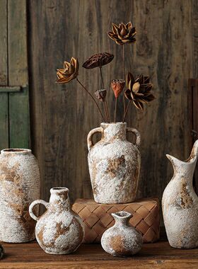 复古新中式陶罐侘寂风装饰品粗陶摆件玄关电视柜插花民宿陶瓷花瓶