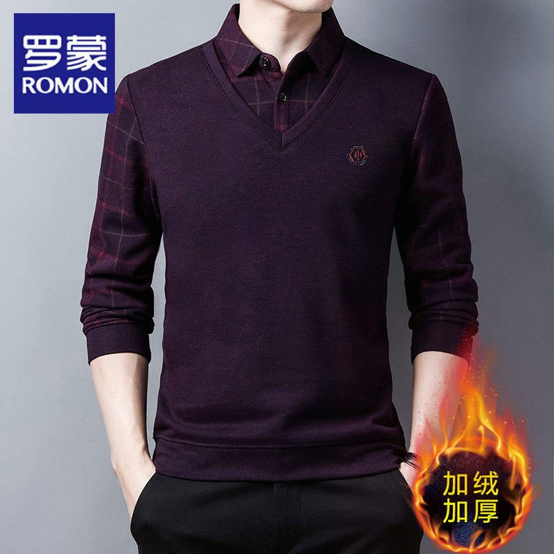 罗蒙衬衫领假两件T恤男秋冬季新款商务休闲加绒保暖长袖POLO衫男