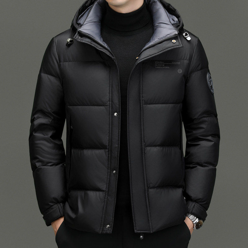 皮尔卡丹白鸭绒羽绒服男短款连帽秋冬季中年爸爸加厚保暖冬装外套