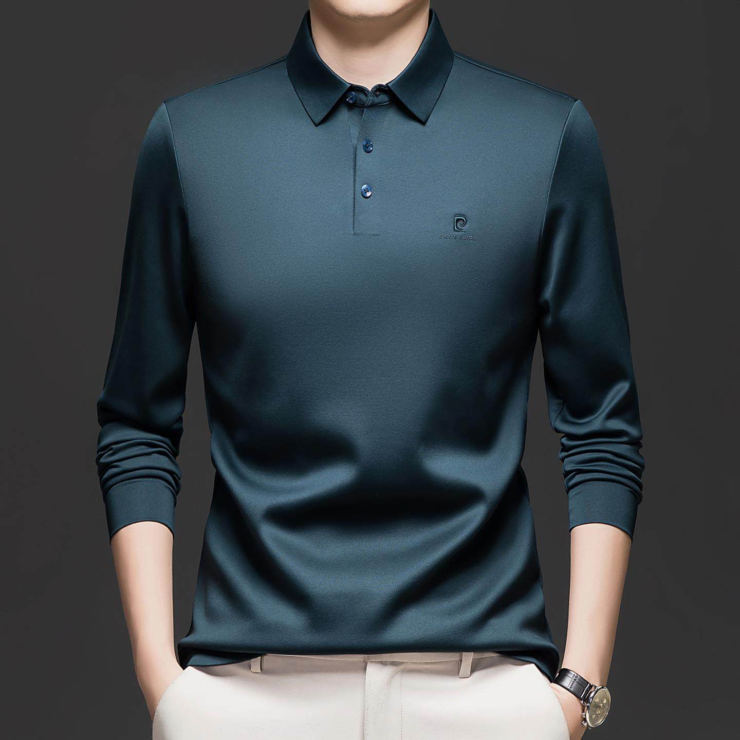 皮尔卡丹加绒加厚男士桑蚕丝长袖t恤中年商务休闲体恤翻领POLO衫
