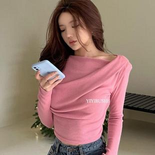 OnoevMU096性感露锁骨荡荡领 T恤fd 气质女人味修身 长袖