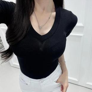 OnoevQN637性感微透亲肤 T恤5色 女人味V领显胸修身 短袖