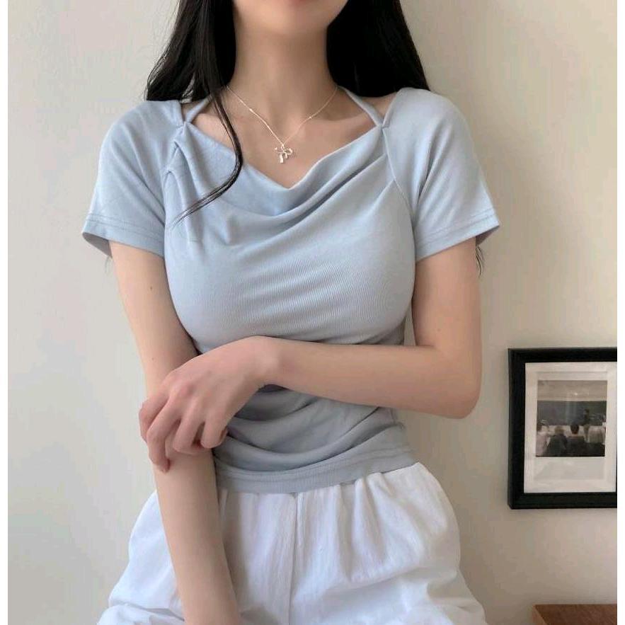 现货~Onoev24夏季新款褶皱领荡领短袖上衣T恤女