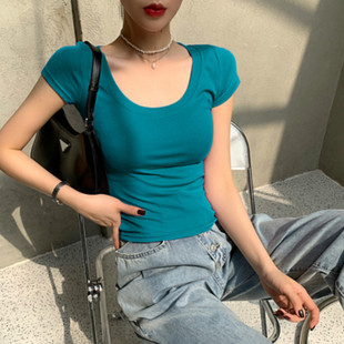 颜色美哭了 U领显胸短袖 努推 百搭基础款 纯棉上衣 T恤女短款 修身