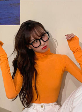 韩国风ins亮色橙色橘色纯色基础款百搭高领显瘦打底衫上衣女秋冬