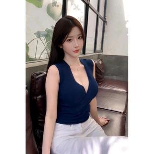 上衣潮 韩版 纯欲性感V领针织背心女外穿短款 百搭小心机打底衫 无袖