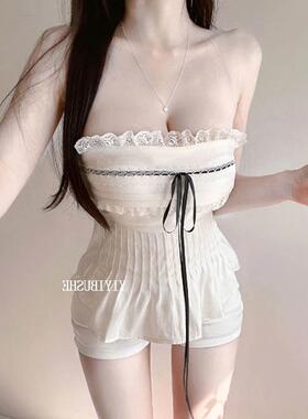 现货 东大门LX589纯欲天花板~性感露肩蕾丝边系带抹胸上衣se