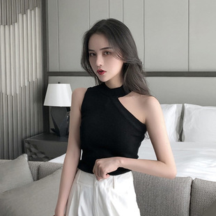 无袖 黑色吊带背心女夏外穿百搭韩版 针织露肩漏锁骨挂脖上衣性感潮