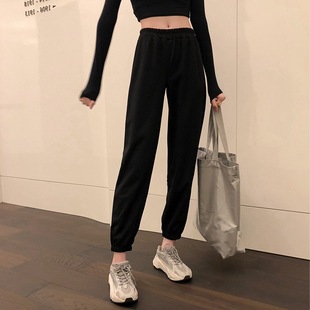 子ins潮 灰色运动裤 女宽松2019春秋新款 束脚休闲裤 高腰收口哈伦裤