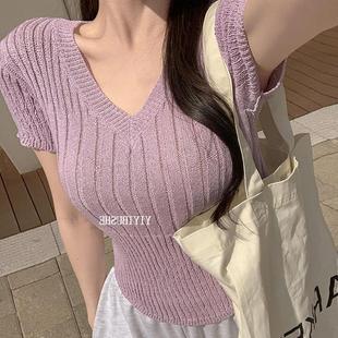 OnoevMZ272简约好搭配 T恤he 气质女人味V领修身 针织短袖
