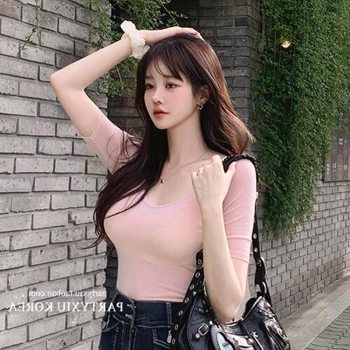 现货~韩国东大门简约穿搭修身显瘦纯色V领短袖T恤12645