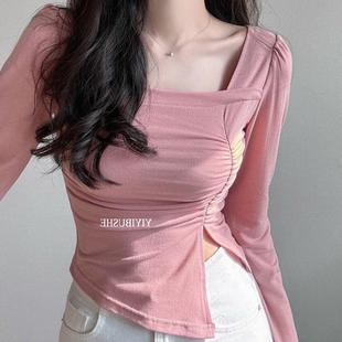 纯欲方领褶皱显腰细下开叉长袖 OnoevZD313甜美小性感 T恤