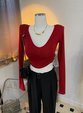 经典款yyds~垫肩低领鸡心领美式短款修身长袖T恤女早秋新绿色显白