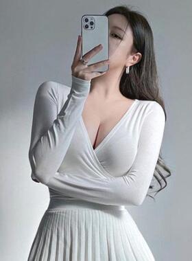 Onoev自留MJ323性感显胸大~舒适女人味V领系带长袖T恤gr