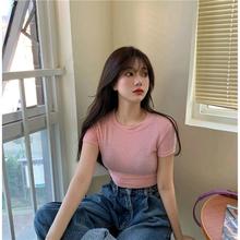 彩色打底衫女糖果色薄款短款露脐修身绿色短袖ins紧身上衣藕粉t恤