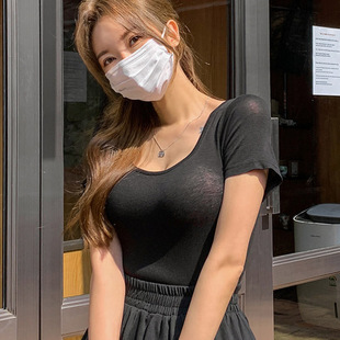 女人味U领紧身短袖 自留推荐 YZ016薄薄透视感 夏季 T恤pj 新