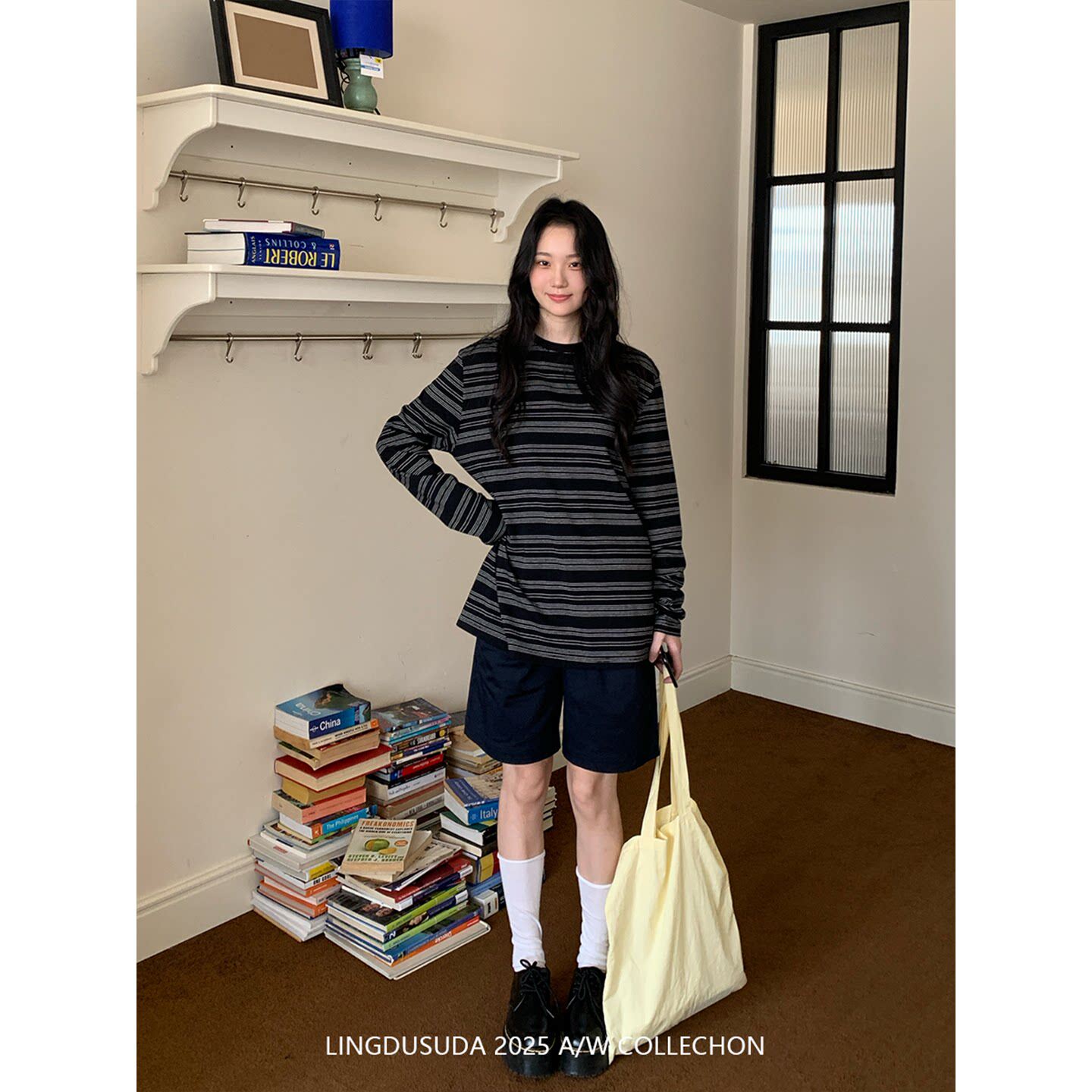 零度苏打 圆领条纹宽松长袖内搭t恤女韩系慵懒风休闲打底上衣秋冬