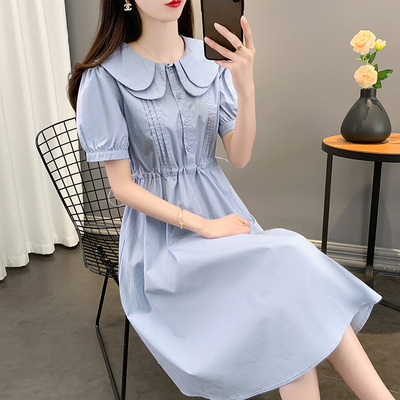 连衣裙2025新款今年流行爆款夏季女装收腰显瘦短袖薄款娃娃领长裙