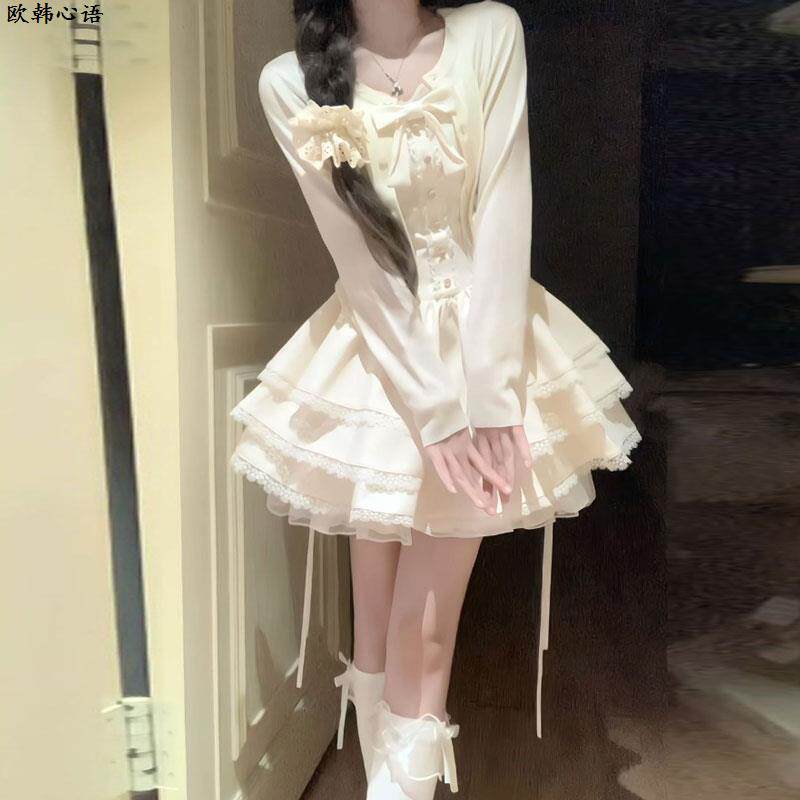 法式甜美独特超好看开衫外套蓬蓬蛋糕连衣裙两件套小个子入春穿搭