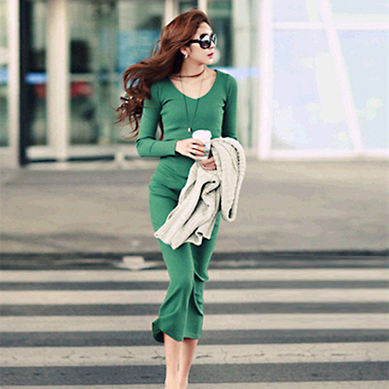 2024秋冬女装修身性感v领针织长裙长袖中长款包臀打底连衣裙紧身