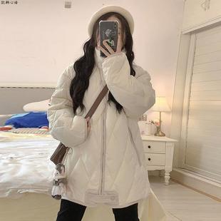 高领菱格棉衣外套冬宽松时髦少女初中高中学生轻薄中长款羽绒棉服