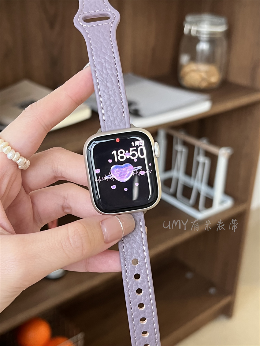 荔枝纹真牛皮表带适用于苹果S10钉扣applewatchs98代女细款SE腕带