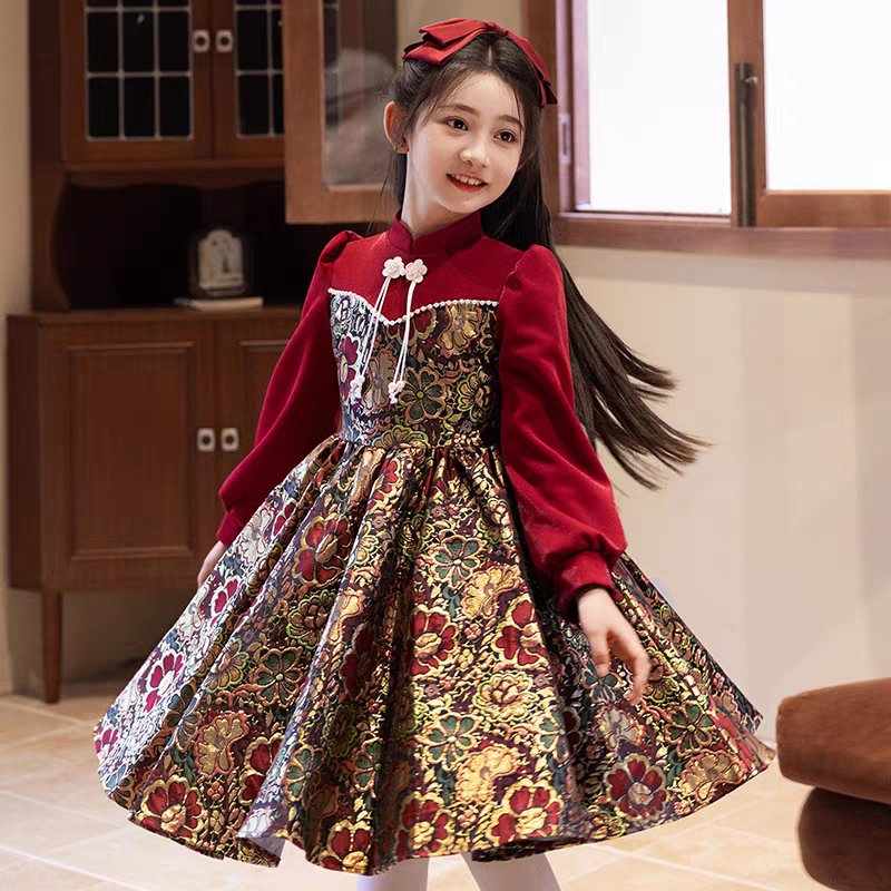 红色旗袍女童高端礼服连衣裙儿童花童中国风小女孩过年拜年服秋冬