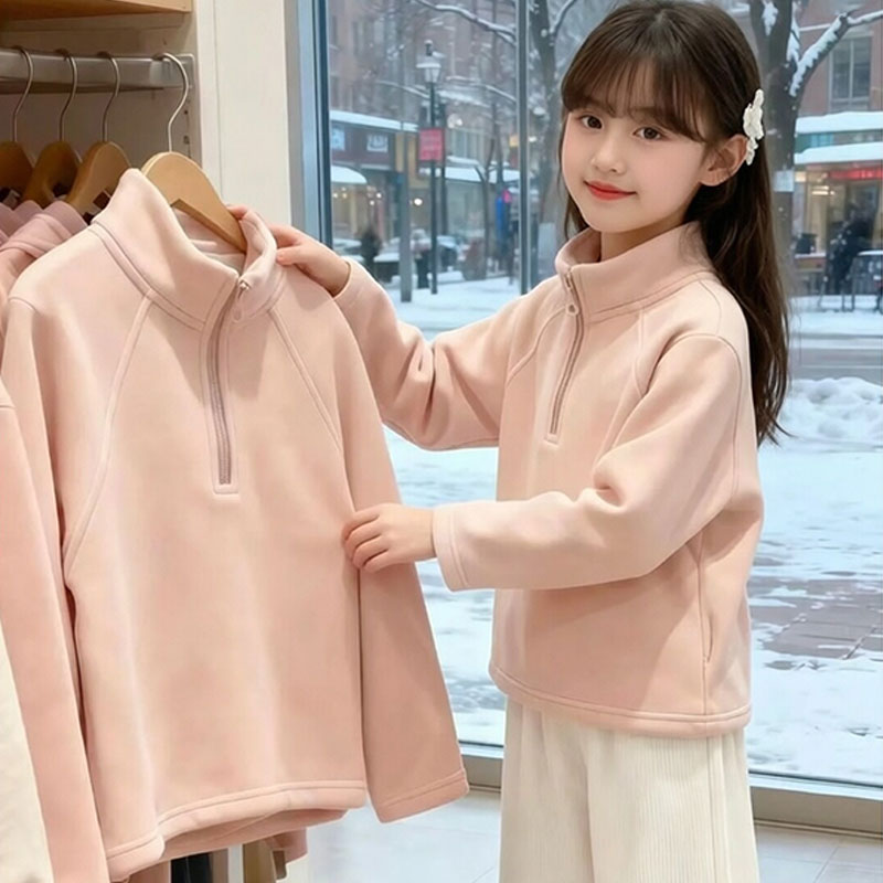 女童加绒加厚半拉链立领卫衣