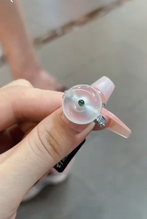 平安扣时来运转白钻绿翡银镀金戒指