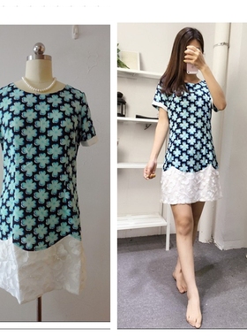 【特价】专柜正品 雅致蓝色印花拼接刺绣花朵连衣裙 758元