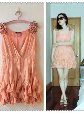 【特价】专柜正品甜美可爱蜜桔色立体钉珠花朵荷叶摆修身连衣裙