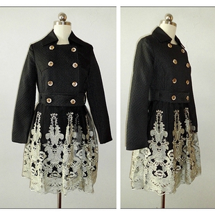 【特价】外贸原单 韩版优雅精致设计感网纱刺绣拼接裙摆式风衣