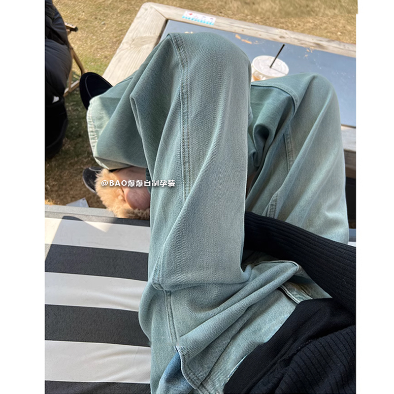 孕妇浅蓝色牛仔直筒阔腿裤早春夏秋季款外穿时尚宽松休闲托腹裤子