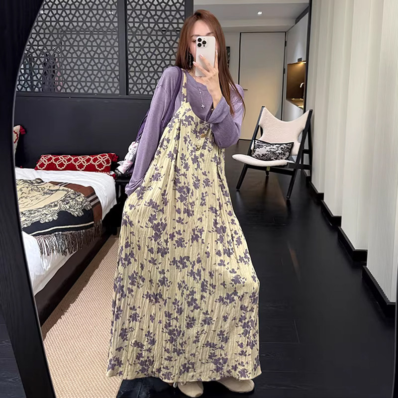 孕妇套装春夏季款度假高级紫色碎花吊带连衣裙多巴胺穿搭两件套装