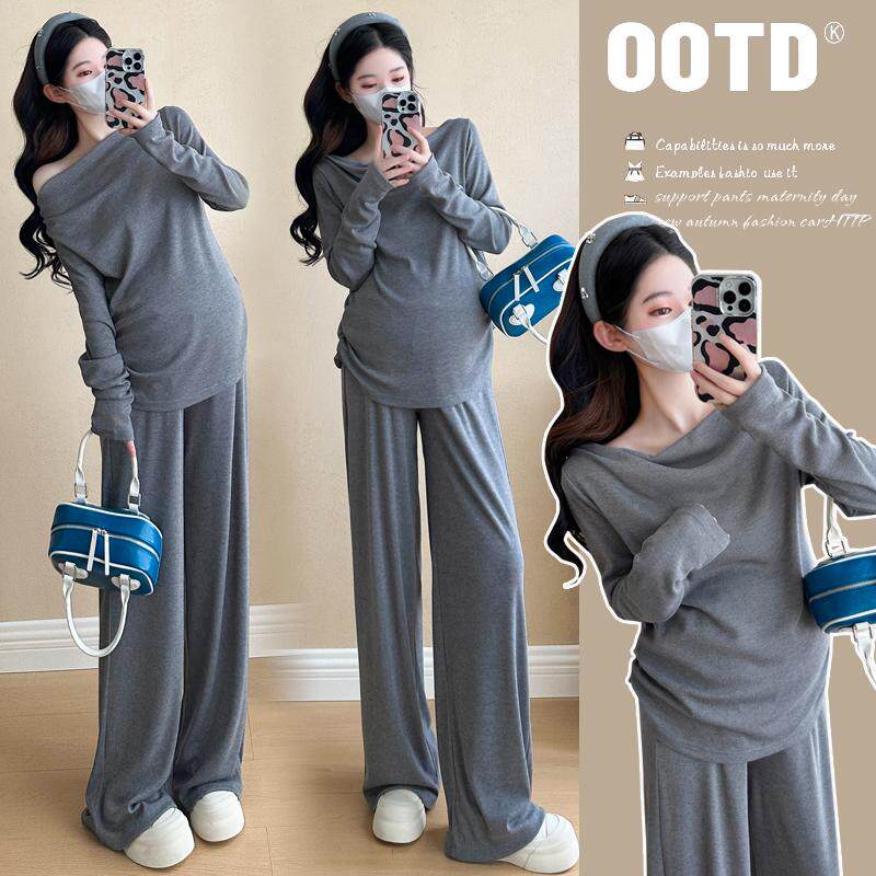 孕妇早春装套装2025新款长袖弹力一字肩两件套孕妈高级感穿搭休闲