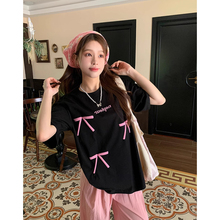 孕妇套装夏春季新款显瘦蝴蝶结印花短袖上衣+无托腹阔腿裤两件套