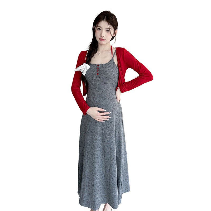 MATERNITY CLOTHES SUMMER NEW FASHION VERSATILE HIGH-ELASTIC STRAPPY FLORAL SUNDRESS + RED SUNSCREEN CARDIGAN TWO-PIECE SET