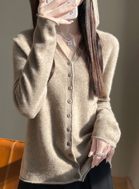 过而歌羊毛贴肤无扎意式配色 一线成衣连帽开衫宽松羊毛开衫 秋冬