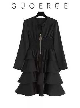 GUOERGE春夏圆领收腰蛋糕裙时尚优雅不规则女士蓬蓬裙连衣裙女