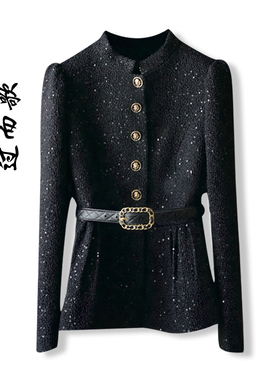 2025春秋新款短粗呢法式名媛黑色套装轻奢小香风羊毛呢立领小外套