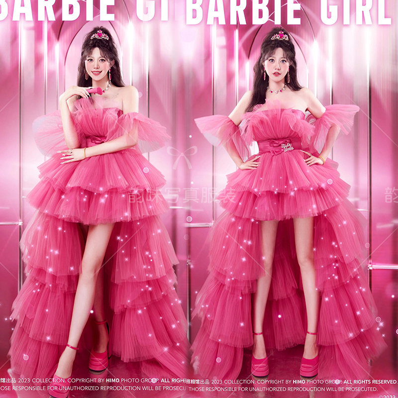 影楼新款公主裙粉色多巴胺少女芭比风生日礼服抹胸婚纱蓬蓬蛋糕裙