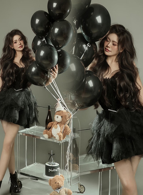 影楼新款礼服黑色羽毛精灵蓬蓬裙写真少女生日主题艺术照短裙服装