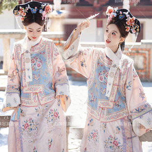 汉服女清代印花古装清朝延吉公主旗袍宫廷格格服两件套旅拍服装女