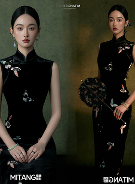 影楼新款写真复古中式简约黑色国风旗袍清冷艺术照摄影拍照