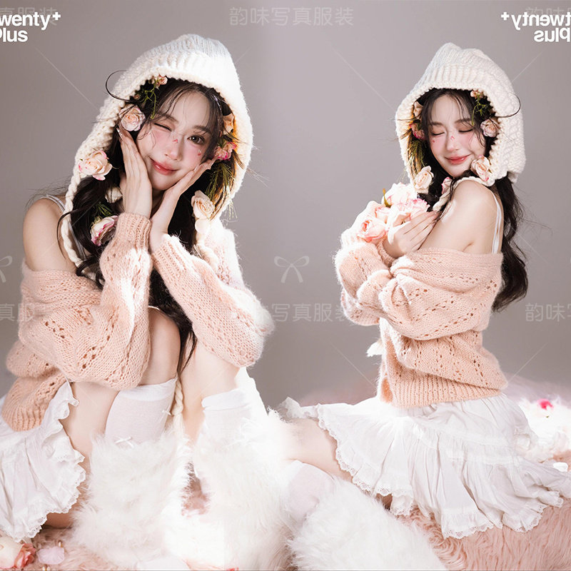 春日新款影楼主题韩杂鲜花少女粉色氛围毛衣艺术照摄影写真服装