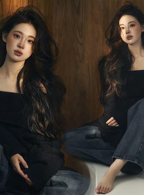 影楼新款慵懒风一字肩毛衣女秋冬漏肩高级感黑色写真服装