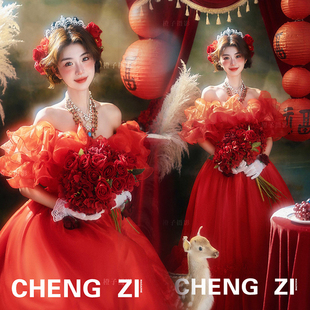 影楼法式 复古油画风梦幻少女红色港风连衣裙个人洛克拍照写真服装