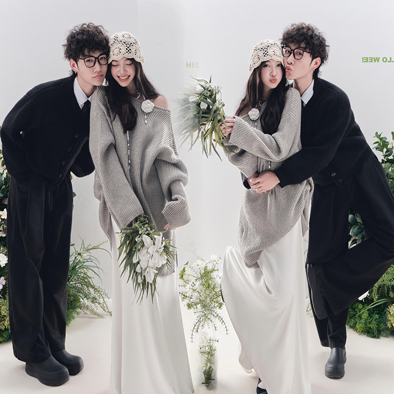 影楼新款情侣主题韩系针织时尚感甜系胶片写真婚纱照摄影旅拍服装