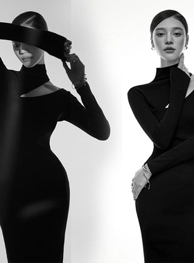新款韩式杂志时装黑色连衣裙情绪肖像简约写真影楼拍摄服装