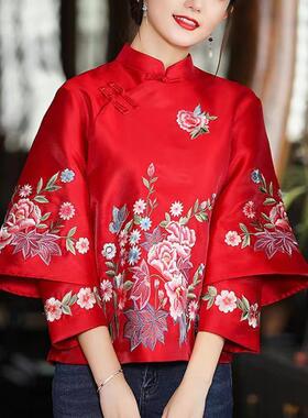 中国风复古改良唐装旗袍中式盘扣立领红色衬衫设计感上衣女春衬衣